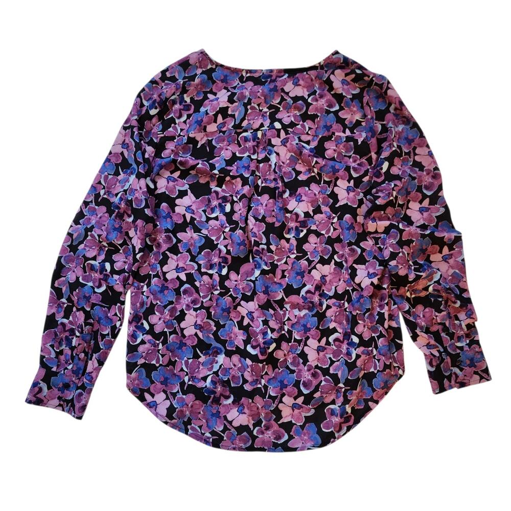 Liz Claiborne Womens Blouse Size L Purple Floral Long Sleeve Button Down V-Neck - Picture 6 of 8